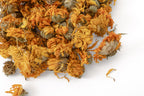 Dried orange calendula flowers scattered on a clean white background.