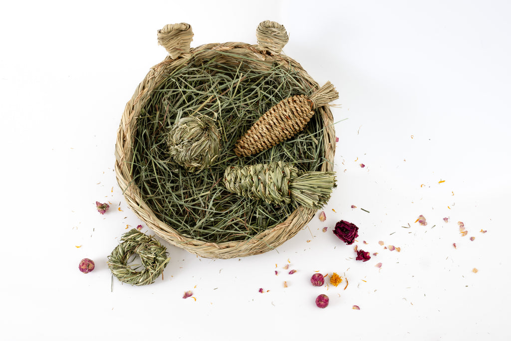 A woven natural-fiber pet rabbit bed filled with dried timothy grass and natural fiber toys, photographed from above on a clean white background with a few scattered dried flower petals around it.