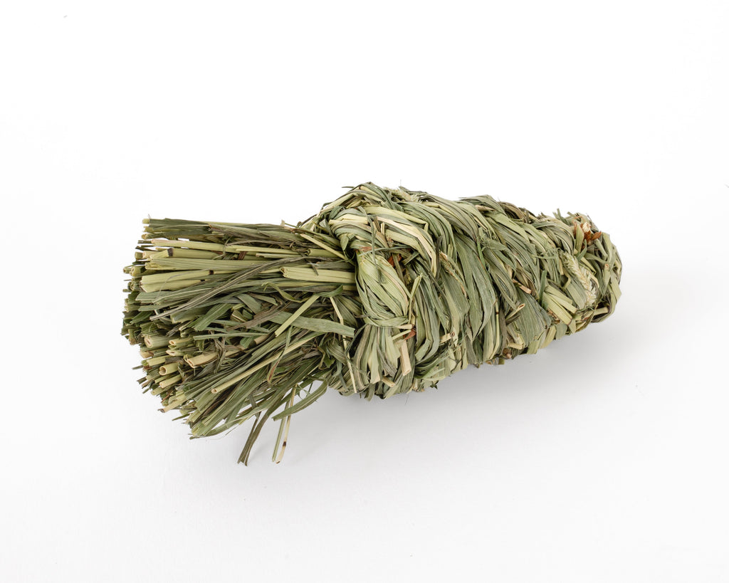 Dried timothy grass chew toy in shape of a carrot, photographed on a clean white background