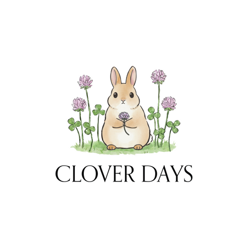 Illustration of a rabbit with clover blossoms and 'Clover Days' text on a white background
