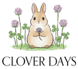 Illustration of a rabbit with clover blossoms. It is the logo of the pet rabbit supplies brand 'Clover Days'