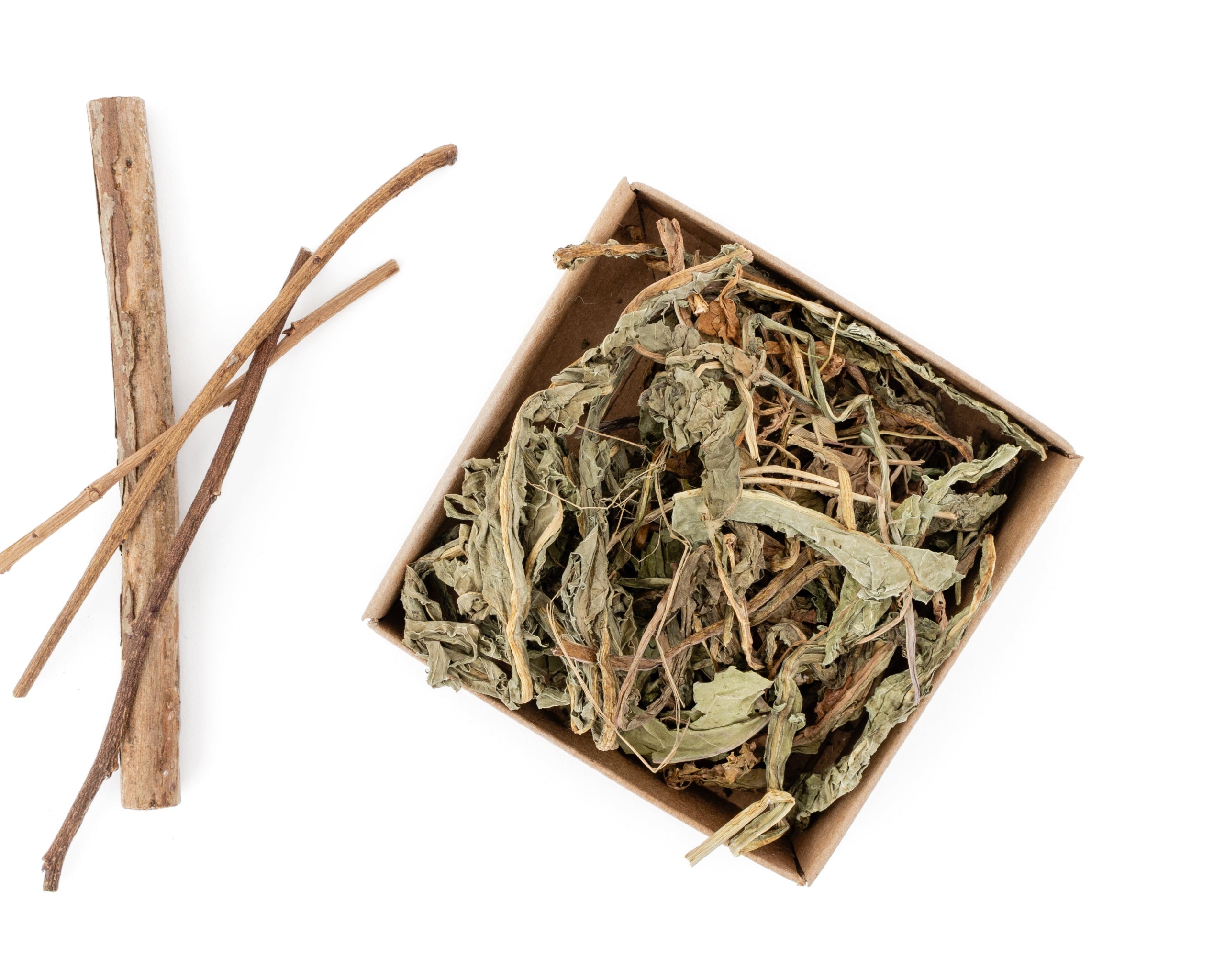 pile of dried dandelion leaf for blueberry sticks as decoration on the side