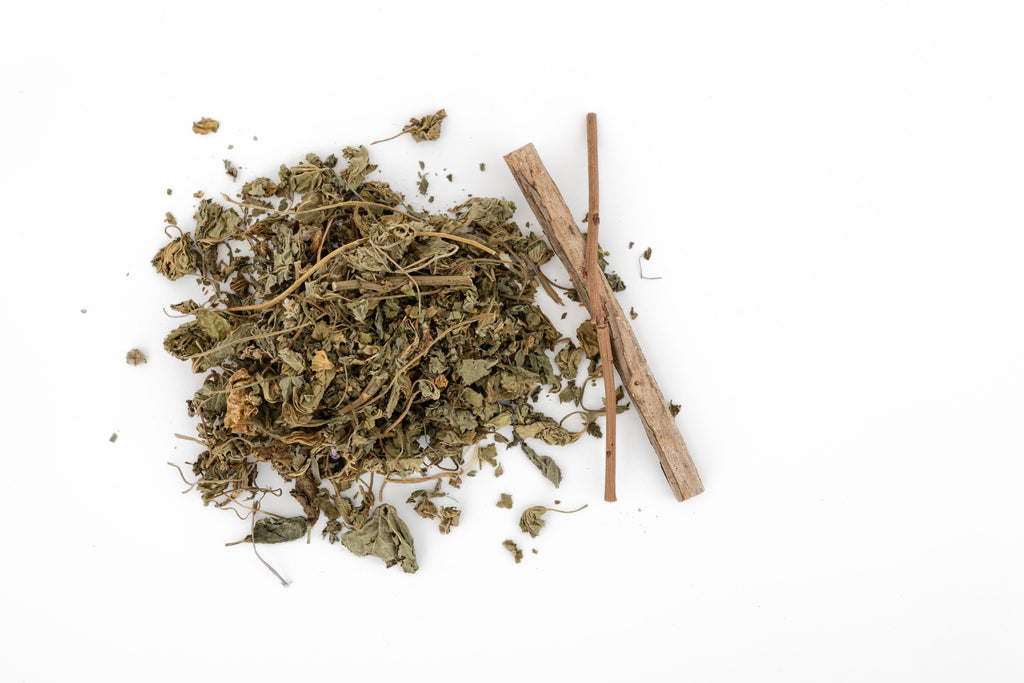 pile of dried marshmallow leaves with blueberry sticks as decoration